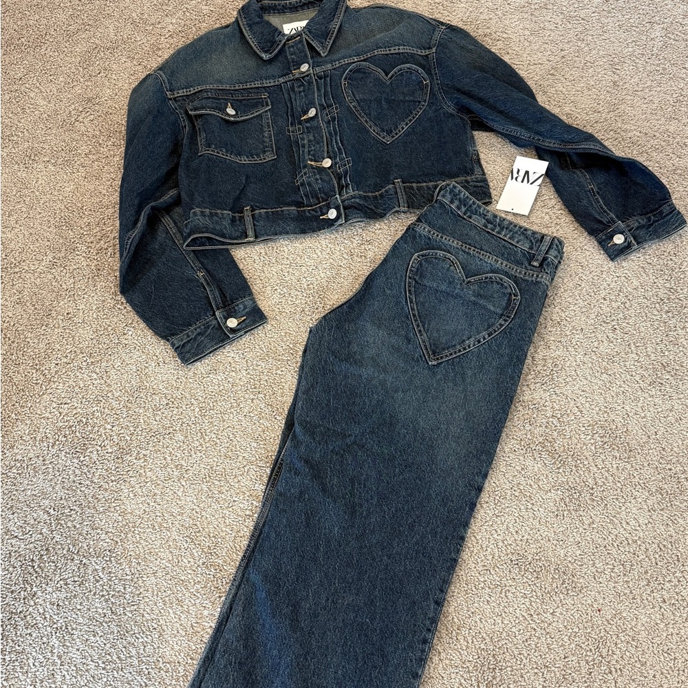 Zara Dark Blue Straight Leg Jeans with Heart Detail